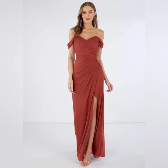 Azazie | Dresses | Sheath Off The Shoulder Mesh Floorlength Dress Terracotta  | Poshmark